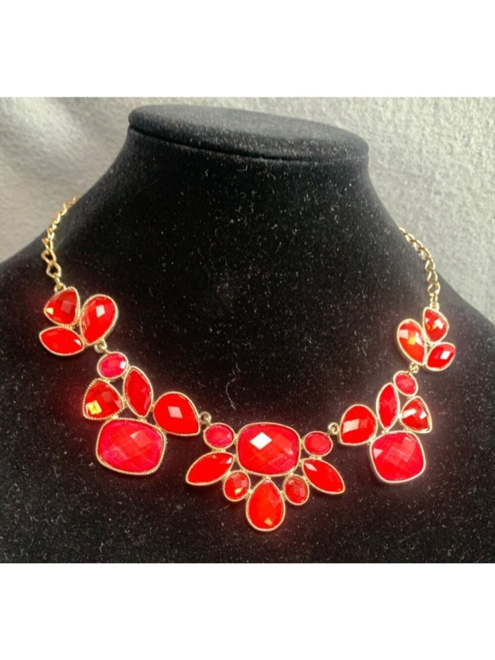 Red Gemstone Statement Necklace Gold Chain Adjustable Lobster Clasp 18"